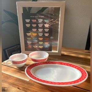 Vintage Pyrex Red Laurel Coffee Cup, bowl and plate 🍎